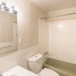 A small bathroom with a large mirror, vanity, toilet, and an olive green bathtub with white tile walls and a showerhead. Four light bulbs are above the mirror, and the door is partly visible.